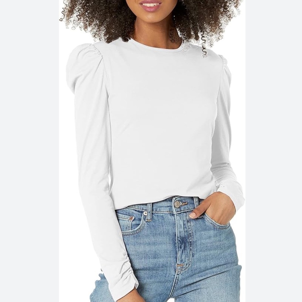 Rebecca Taylor White Ruched Long Sleeve Puff Shoulder Top XS NWT Quiet Luxury